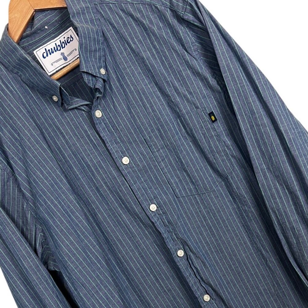Chubbies Men’s L Blue Green Striped Long Sleeve Button Down Shirt Casual Preppy
